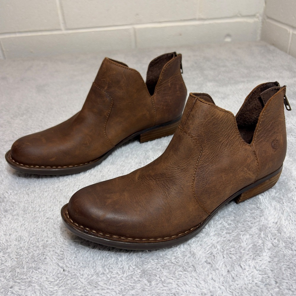 Born Kerri Ankle Boots Women 8.5M Brown Leather Distressed V-Cut Back Zip Bootie